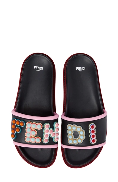 Shop Fendi Studded Logo Slide Sandal In Black