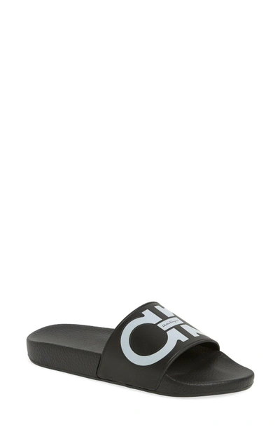 Shop Ferragamo Groove Logo Slide Sandal In Black/ White