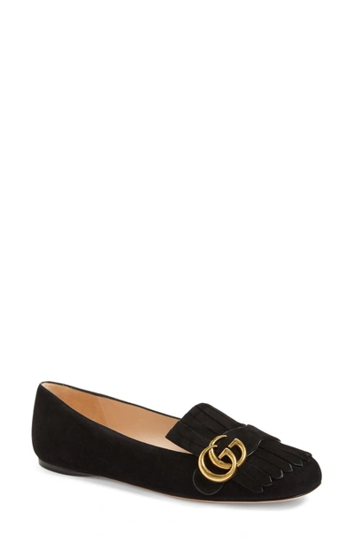 Shop Gucci Gg Marmont Fringe Flat In Black Suede