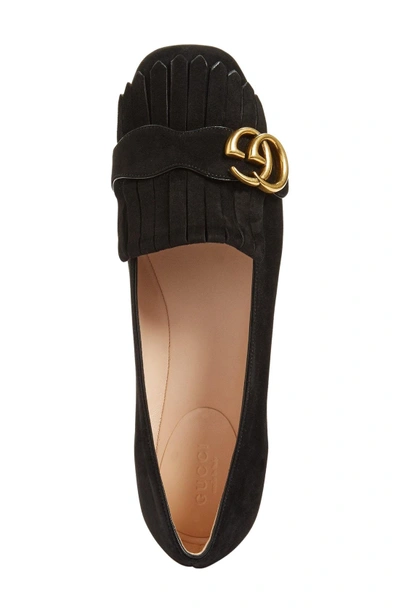 Shop Gucci Gg Marmont Fringe Flat In Black Suede