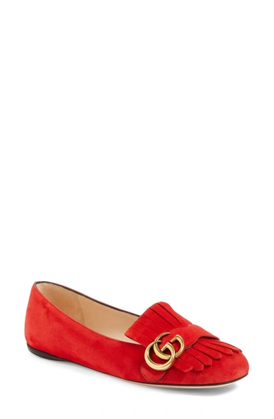 Shop Gucci Gg Marmont Fringe Flat In Red Suede