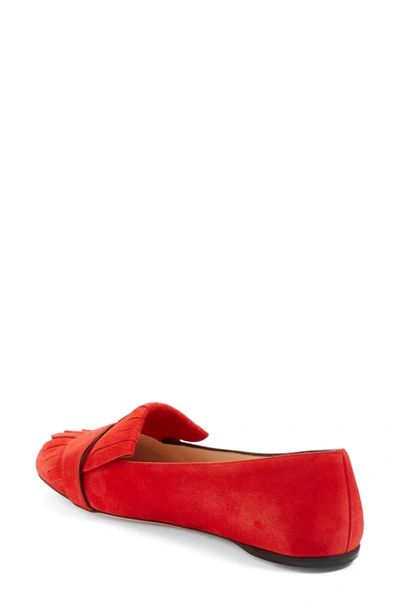 Shop Gucci Gg Marmont Fringe Flat In Red Suede