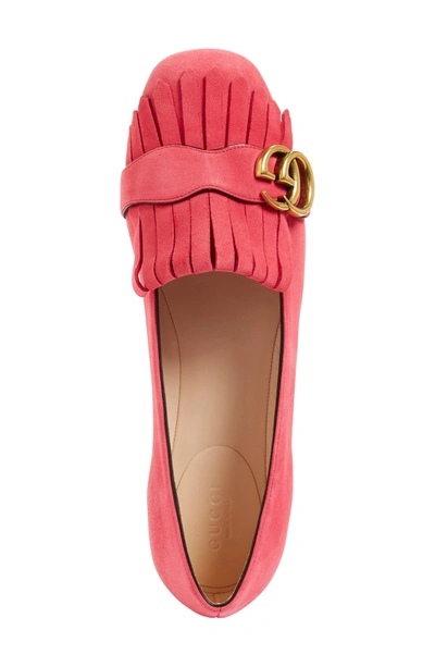 Shop Gucci Gg Marmont Fringe Flat In Pink Suede