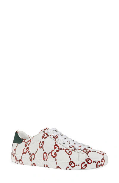 Shop Gucci New Ace Gg Supreme Logo Sneaker In White/ Hibiscus Red