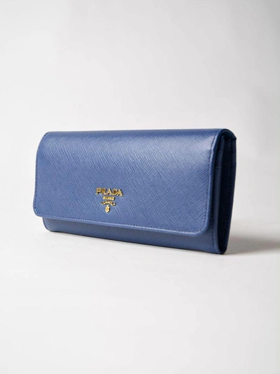 Shop Prada Saffiano Continental Wallet In Bluette