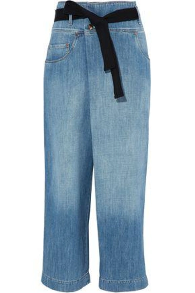 Shop Brunello Cucinelli Belted Faded High-rise Wide-leg Jeans In Mid Denim