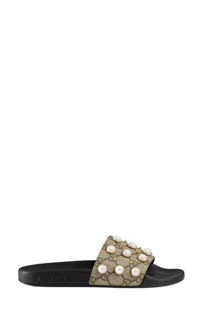 Shop Gucci Pursuit Imitation Pearl Embellished Slide Sandal In Beige