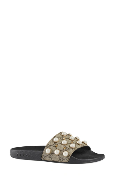 Shop Gucci Pursuit Imitation Pearl Embellished Slide Sandal In Beige