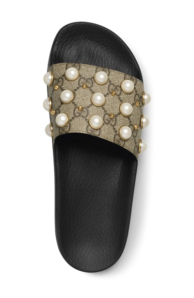Shop Gucci Pursuit Imitation Pearl Embellished Slide Sandal In Beige