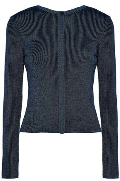Shop Diane Von Furstenberg Woman Metallic Ribbed-knit Merino Wool Cardigan Navy