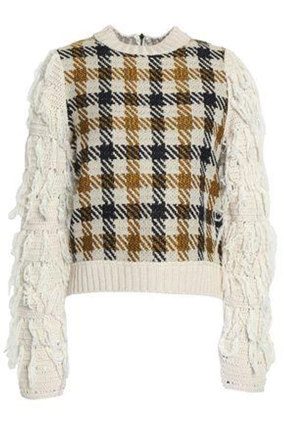 Shop Sea Woman Frayed Jacquard-knit Sweater Ecru