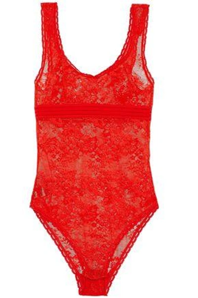 Shop Stella Mccartney Woman Open Knit-trimmed Lace Bodysuit Red