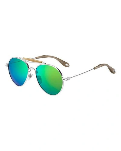 Shop Givenchy Metal Mirrored Aviator Sunglasses In Grey/green