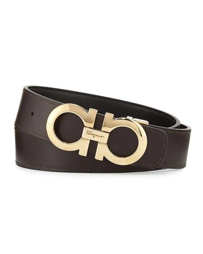 Shop Ferragamo Men's Reversible Double-gancini Leather Belt In Black