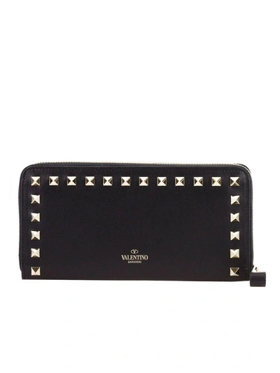 Shop Valentino Wallet Continental Rockstud Spike Wallet With Zip On Three Sides And Studs On The Edges In Black