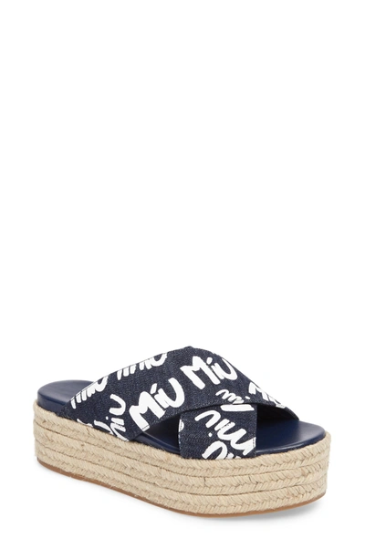 Shop Miu Miu Logo Platform Espadrille Sandal In Blue