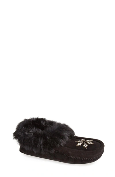 Shop Manitobah Mukluks Kanada Genuine Rabbit Fur Moccasin Slipper In Black Fur