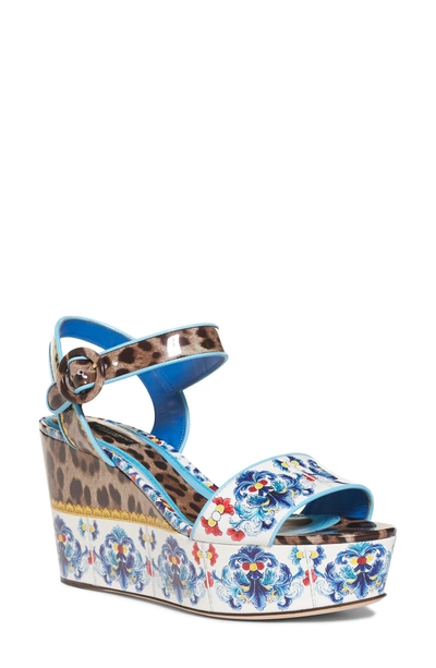 Shop Dolce & Gabbana Majolica & Leopard Print Flatform Sandal In Blue/ White