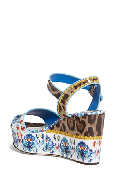 Shop Dolce & Gabbana Majolica & Leopard Print Flatform Sandal In Blue/ White