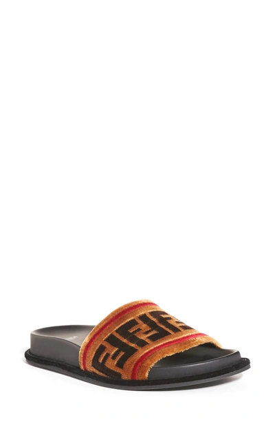 Shop Fendi Logo Slide Sandal In Tan Velvet