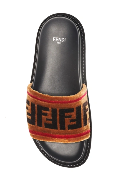 Shop Fendi Logo Slide Sandal In Tan Velvet