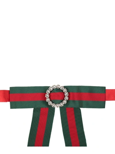 Shop Gucci Jeweled Grosgrain Web Neck Bow In Verde