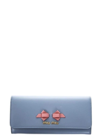 Shop Miu Miu Sky Leather Continental Wallet With Bow Detail In Astral