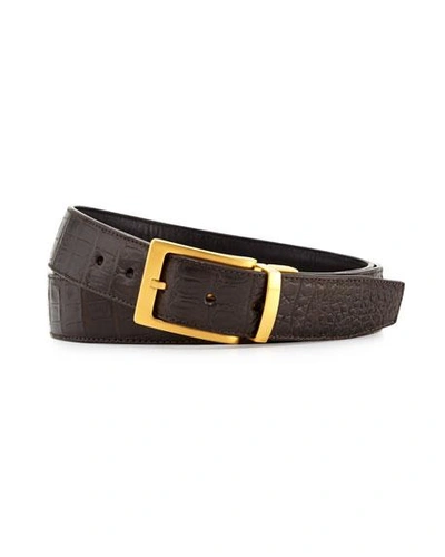 Shop W. Kleinberg Reversible Crocodile & Leather Belt Two-buckle Box Set In Black/brown