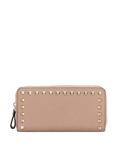 Valentino Rockstud Grainy Leather Zip Around Wallet In Beige