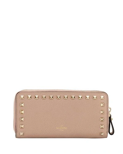 Valentino Rockstud Grainy Leather Zip Around Wallet In Beige