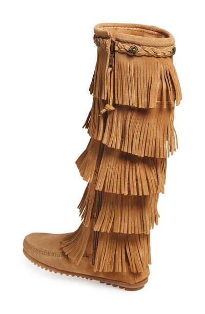 Shop Minnetonka 1659 Five Layer Fringe Boot In Taupe Suede