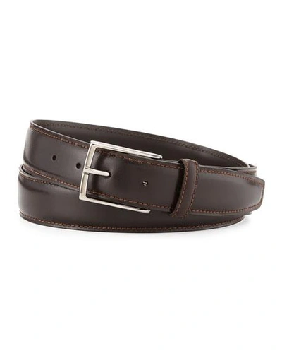 Shop Ermenegildo Zegna Leather Belt W/polished Buckle, Dark Brown In Multi