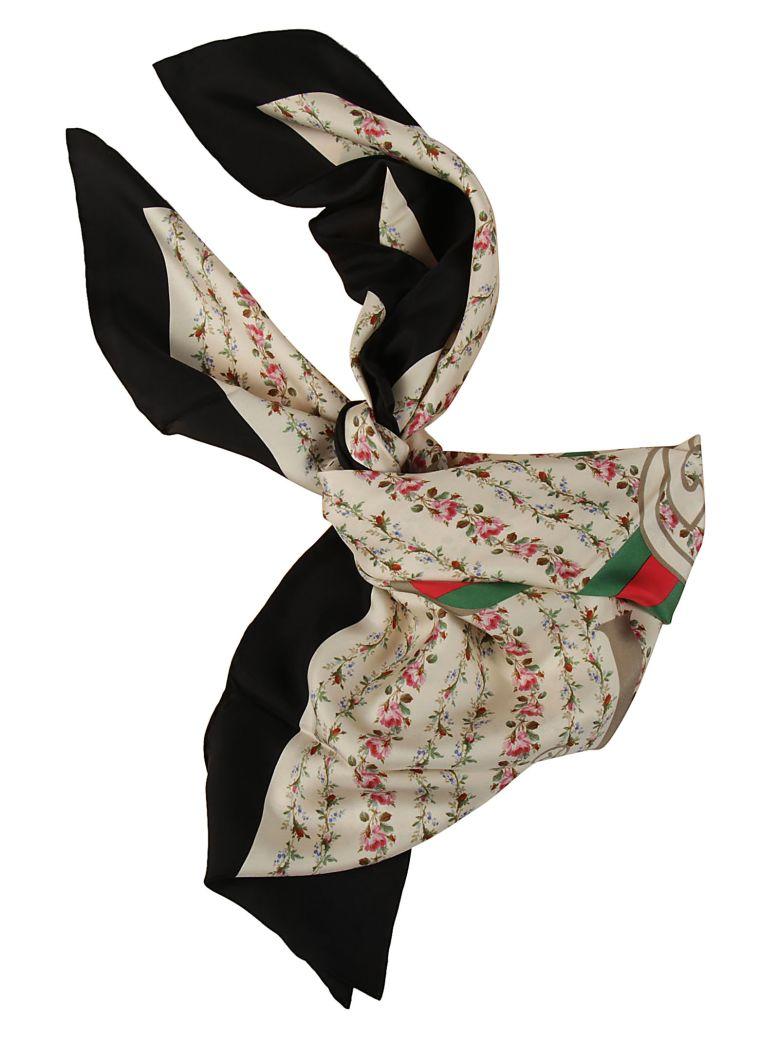 gucci logo rose print silk scarf