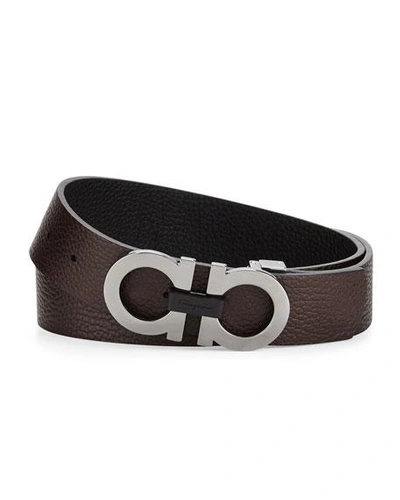 Ferragamo Double-gancini Buckle Leather Belt In Black/hickory