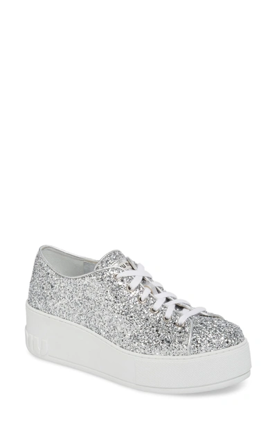 Shop Miu Miu Glitter Platform Sneaker In Silver
