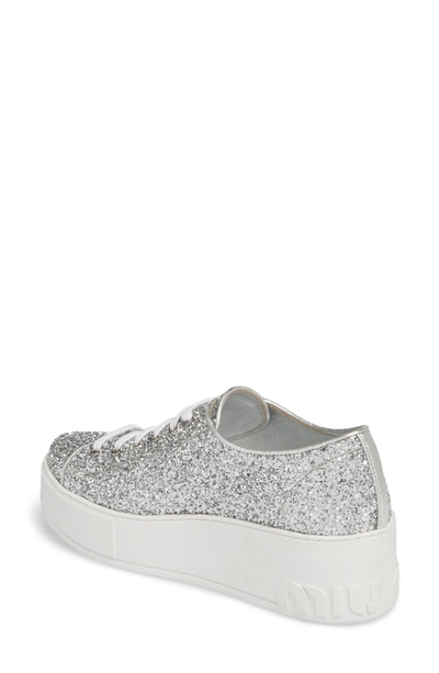 Shop Miu Miu Glitter Platform Sneaker In Silver