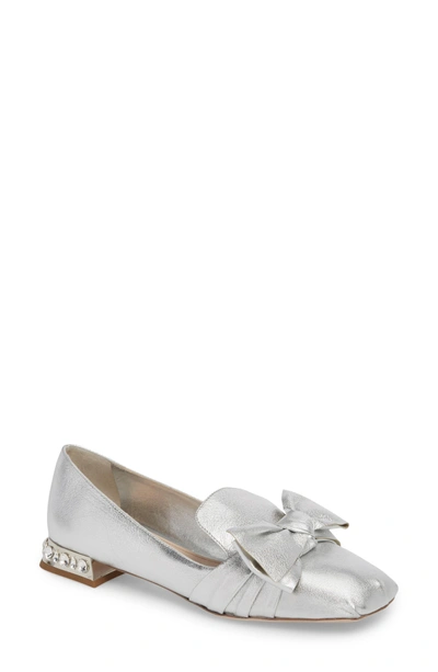Shop Miu Miu Embellished Heel Bow Loafer In Silver