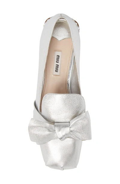 Shop Miu Miu Embellished Heel Bow Loafer In Silver