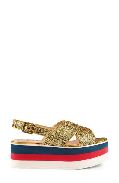 Shop Gucci Glitter Flatform Sandal In Gold