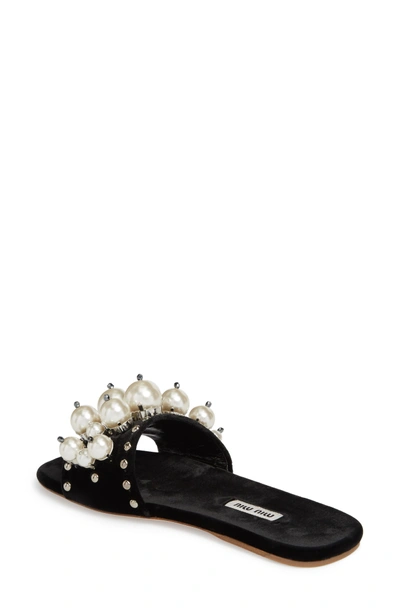 Shop Miu Miu Imitation Pearl Embellished Slide Sandal In Black