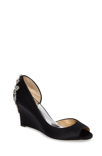 Shop Badgley Mischka Meagan Embellished Peep Toe Wedge In Black Satin