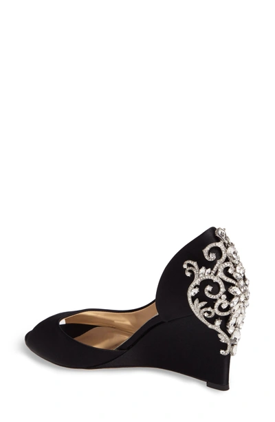 Shop Badgley Mischka Meagan Embellished Peep Toe Wedge In Black Satin