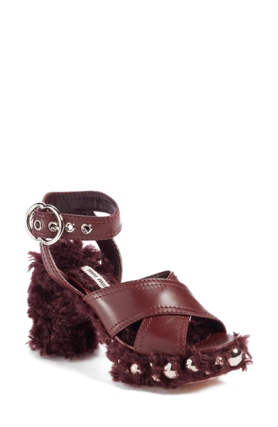 Shop Miu Miu Faux Fur Platform Sandal In Burgundy