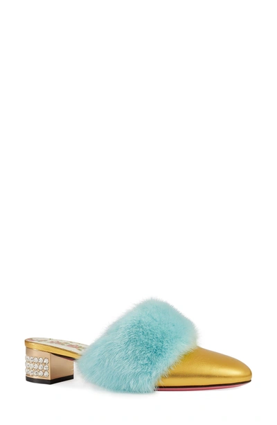 Shop Gucci Candy Genuine Mink Fur Mule In Gold/ Turquoise