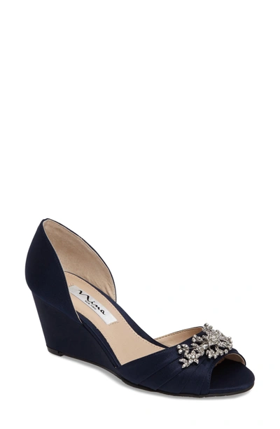 Shop Nina Emiko D'orsay Wedge Pump In Blue Satin