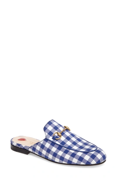 Shop Gucci Princetown Gingham Loafer Mule In White/ Electric Blue