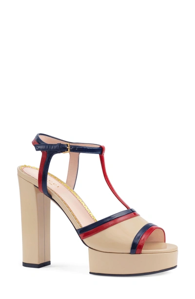 Shop Gucci Millie T-strap Platform Sandal In Beige/ Red/ Blue