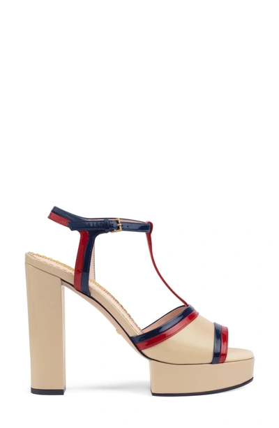 Shop Gucci Millie T-strap Platform Sandal In Beige/ Red/ Blue