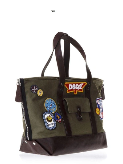 Shop Dsquared2 Dsq Green Canvas Bag With Patches In Green-brown