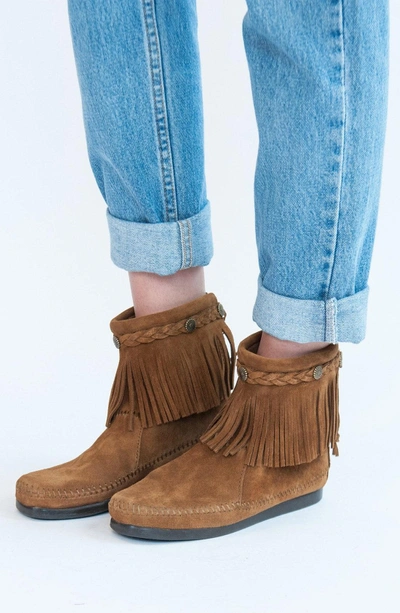 Shop Minnetonka Fringed Moccasin Bootie In Brown